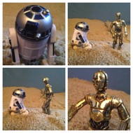 Suddenly Artoo whistles, makes a sharp right turn and starts off in the direction of the rocky desert mesas. Threepio stops and yells at him. THREEPIO: "Where are you going?" A stream of electronic noises pours forth from the small robot. THREEPIO: "Well, I'm not going that way. It's much too rocky. This way is much easier." Artoo counters with a long whistle. THREEPIO: "What makes you think there are settlements over there?" Artoo continues to make beeping sounds. THREEPIO: "Don't get technical with me." #starwars #anhwt #starwarstoycrew #jbscrew #blackdeathcrew #starwarstoypix #toyshelf
